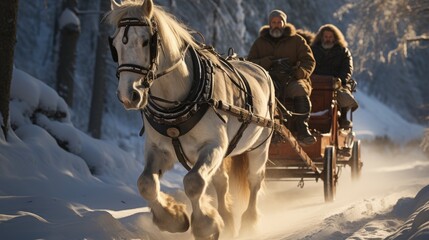 Naklejka na ściany i meble A horse-drawn sleigh carries bundled passengers through a snowy forest, evoking a serene, wintry scene.