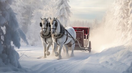 Two white horses pull a red sleigh on a snowy path through a winter wonderland of frosted trees. - obrazy, fototapety, plakaty