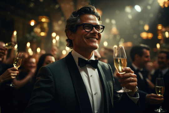 A male CEO celebrates the company's growth by toasting with champagne at an upscale corporate event. Concept of upscale business gatherings. Generative Ai.