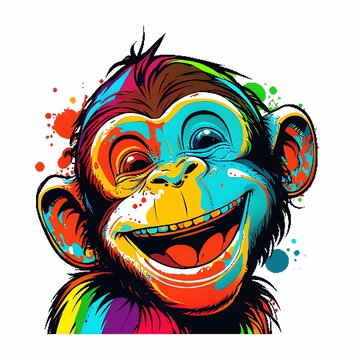 AI generated illustration of a cheerful vibrant monkey painted on a white background