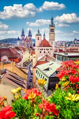 Fascinating buildings and structures in Prague with a variety of colorful flowers in the foreground
