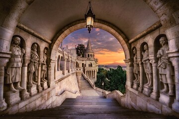 Magnificent stone archway with statues in Fisherman's Bastion in Hungary, Budapest
