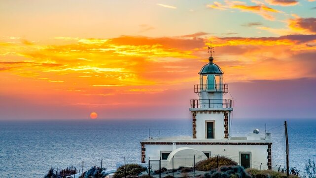 View of Akrotiri Lighthouse against the backdrop of the vibrant sky at sunset. Greece.