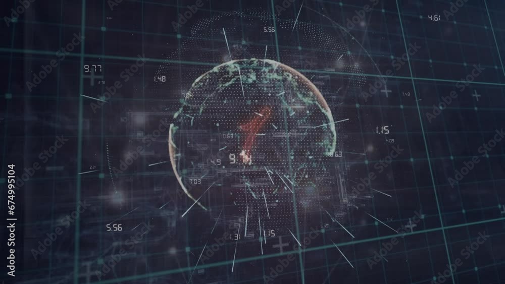 Wall mural animation of network of connections over grid network against spinning globe on black background