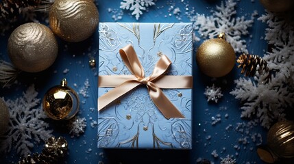 Fototapeta na wymiar christmas decoration on table with blue and silver gift box
