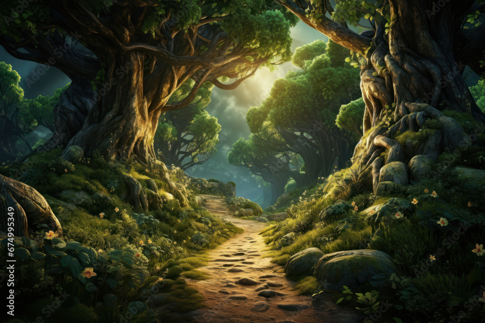 Poster a mystical forest path with ancient trees and a hint of enchantment. concept of adventure and magic.