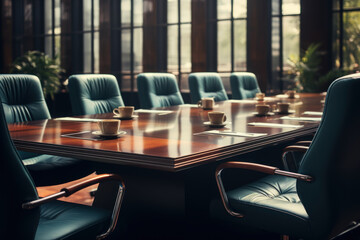 A corporate boardroom with a polished table and leather chairs. Concept of business meetings and...