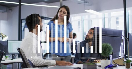 Animation of statistical data processing against group of diverse colleagues discussing at office - Powered by Adobe