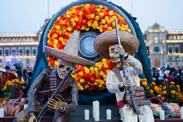 Dia de muertos decoration in downtown mexico city, tradition on day of the death