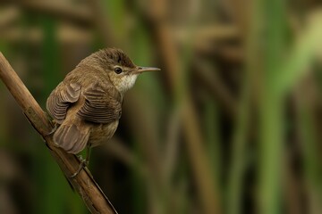 Closeup shot of a small Reed Warbler bird perched atop a branch of a tree