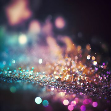 A glitter-covered background in blue and yellow colors with bokeh