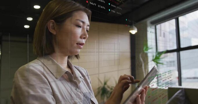 Animation of multiple graphs and trading boards over asian woman scrolling on digital tablet