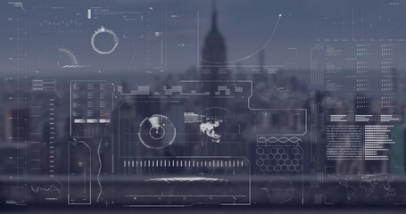 Animation of globe, radar, loading bars and circles over modern cityscape against sky