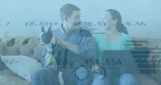 Animation of graphs and trading board over diverse couple with dog discussing at home