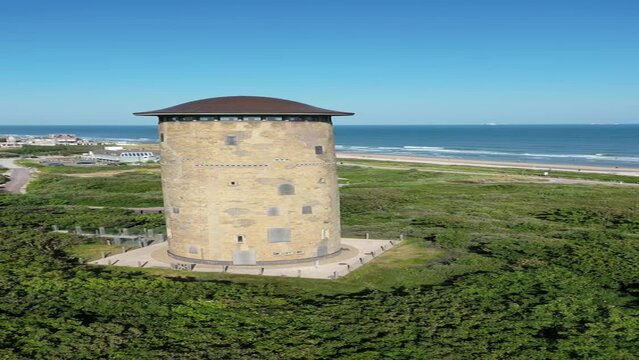 Aerial of the Watertoren (Wasserturm) in Domburg, Netherlands with the sea in the background