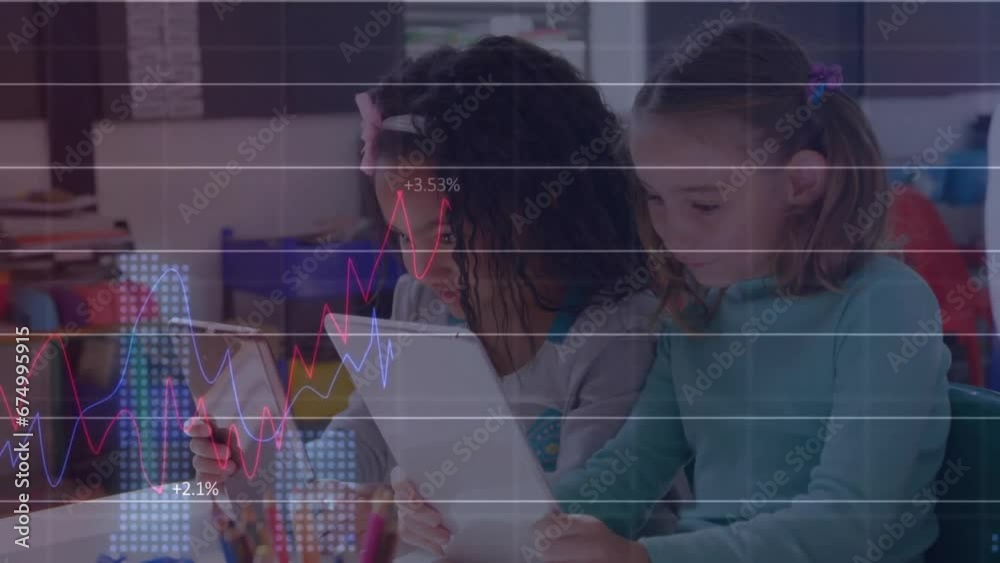 Poster animation of multiple graphs with changing numbers over diverse girls using digital tablet