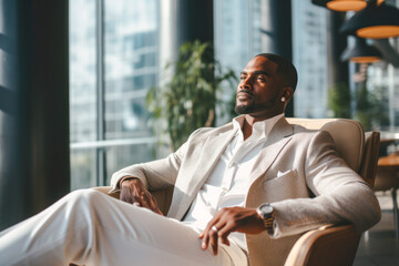 Portrait of wealthy and successful African American man, wearing stylish designer clothing and relaxing in a luxury condo, enjoying a moment