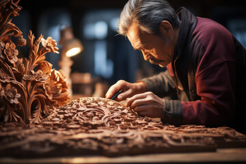 A skilled craftsman carving intricate designs into a piece of wood. Concept of craftsmanship and artistry. Generative Ai. - obrazy, fototapety, plakaty