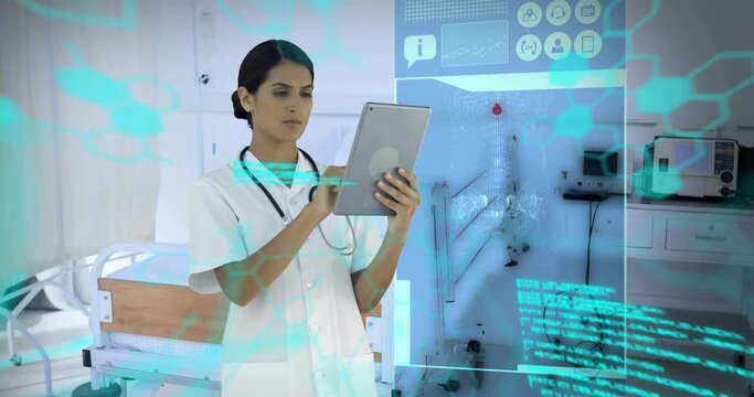 Animation of scientific data processing over biracial female doctor using tablet