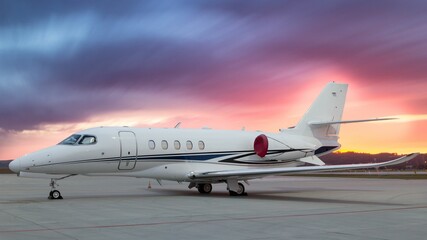 Fototapeta na wymiar Business jet at the airport ramp during a stunning sunset