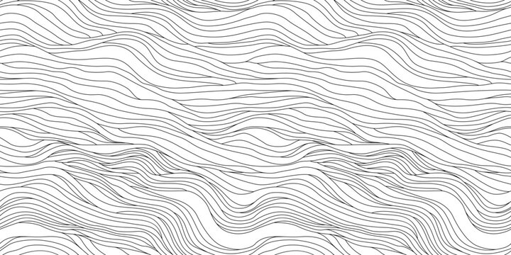 Abstract black and white hand drawn wavy line drawing seamless pattern. Modern minimalist fine wave outline background, creative monochrome wallpaper texture print. 