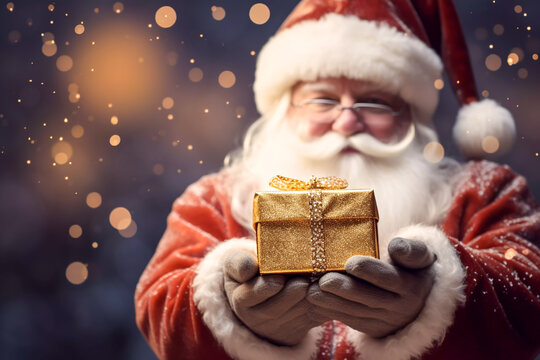 Father Christmas offering a gold gift wrapped present against a blue background with soft lights and snow selective focus festive Christmas greeting card wallpaper