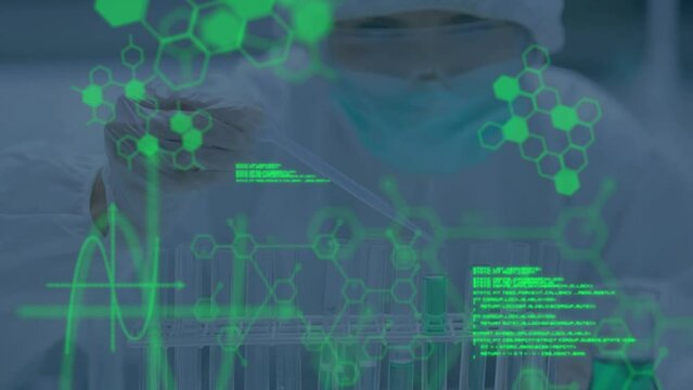 Animation of data processing over scientist in laboratory