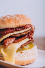 Closeup shot of an appetizing burger with bacon and cheese on a white plate.