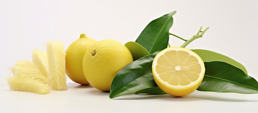 In a white studio background an isolated green leaf rests beside a sweet slice of yellow pomelo a citrus fruit commonly enjoyed in Chinese cuisine