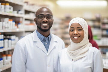Fototapeta na wymiar Friendly service from a skilled pharmacy professional emphasizing Islamic modesty and a warm smile.
