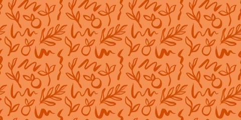 Abstract hand drawn seamless pattern illustration of line doodles. Nature background design with flower, leaf and fruits.