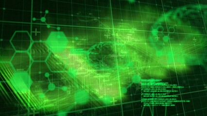 Animation of scientific data processing over grid and green lights