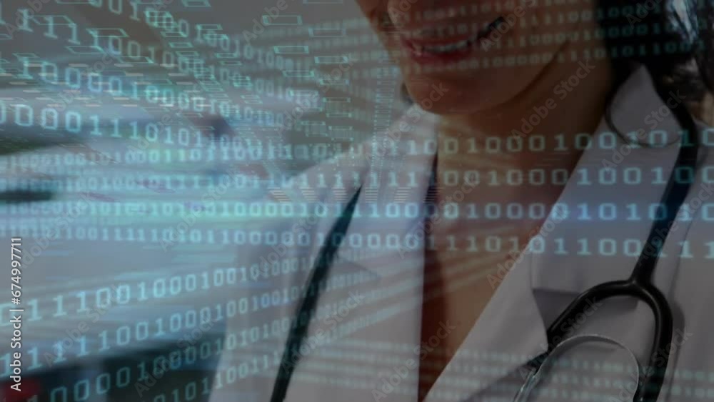 Poster animation of binary coding data processing over caucasian female doctor