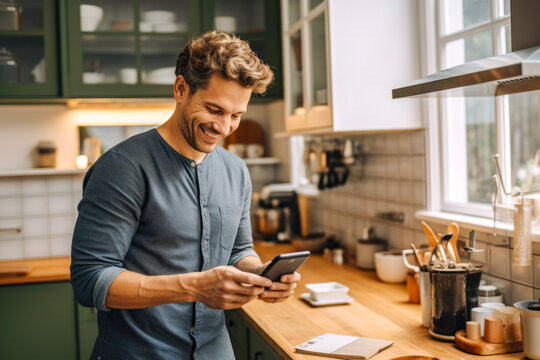 A happy caucasian man standing in a kitchen white looking at good news on a smartphone