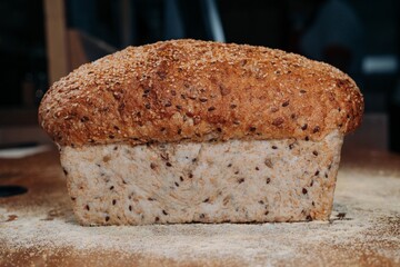 Close-up shotof a freshly-baked bread on a wooden table