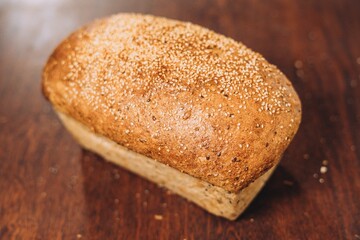 Close-up shotof a freshly-baked bread on a wooden table