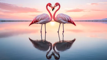 Poster Graceful flamingos craft a heart against pink skies and water. © Rafael Alejandro