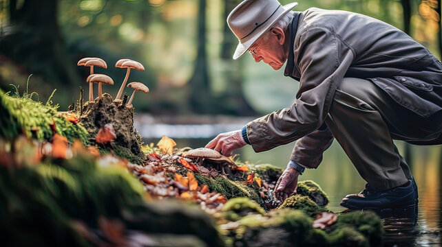 Elderly person foraging for mushrooms in vibrant autumn woods.