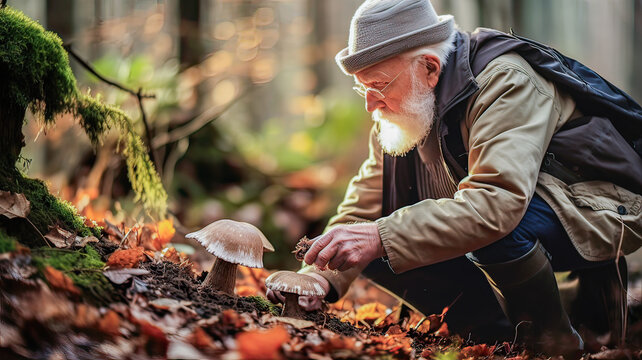 Colorful forest: Elderly person with hat gathers fall mushrooms.