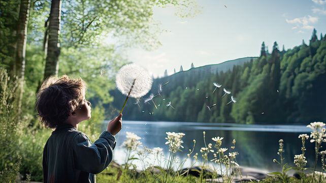 Sunlit nature, a boy, and a dandelion's flight.