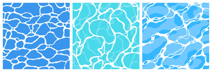Quiet clear blue water surface seamless pattern illustration set. Modern flat cartoon background design of beach or pool with tranquil turquoise ripples. Summer vacation backdrop collection. - obrazy, fototapety, plakaty
