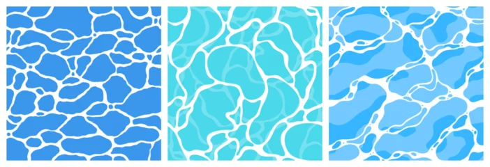 Schilderijen op glas Quiet clear blue water surface seamless pattern illustration set. Modern flat cartoon background design of beach or pool with tranquil turquoise ripples. Summer vacation backdrop collection. © Dedraw Studio