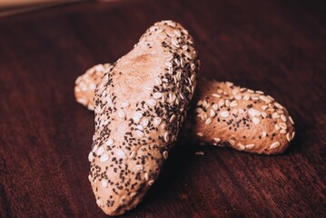 Close-up shotof a freshly-baked bread on a wooden table