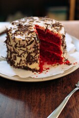 a slice of chocolate cake is on top of a white plate