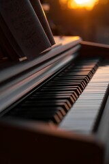 Close-up of a piano with music sheets on it during golden hour © Wirestock