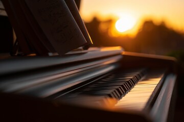 Horizontal view of a piano with music sheets on it illuminated by the setting sun