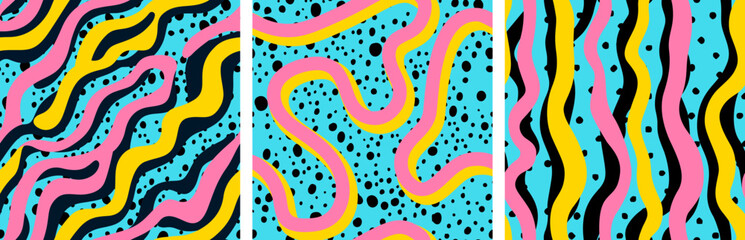 Set of abstract colorful neon print seamless pattern illustration in retro 80s style. Trendy background collection with creative line drawing. Vintage 90s texture, fun hipster wallpaper design.