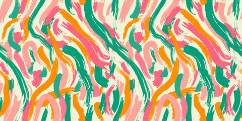 Colorful abstract brush stroke painting seamless pattern illustration. Modern paint line background in fun color. Messy graffiti sketch wallpaper print, freehand rough hand drawn texture.