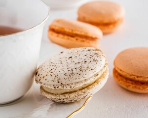 Couple of orange and white macarons on a white table next to a tea cup