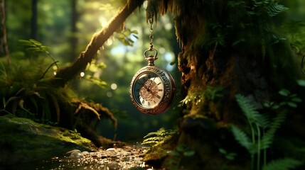 AI generated illustration of an antique pocket watch hanging on a green branch